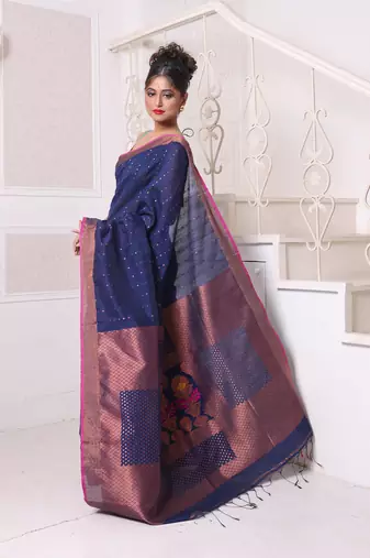 All over zari weaving navy blue cotton saree with zari borders