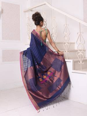 All over zari weaving navy blue cotton saree with zari borders 3