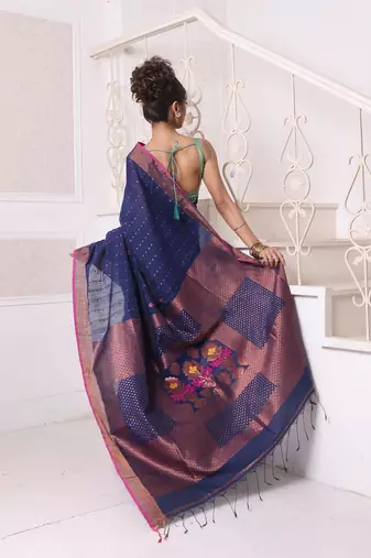 All over zari weaving navy blue cotton saree with zari borders