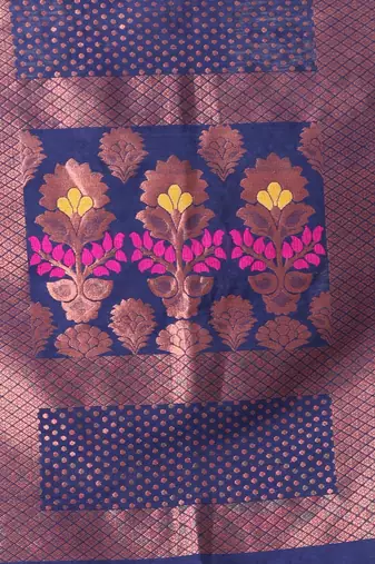 All over zari weaving navy blue cotton saree with zari borders