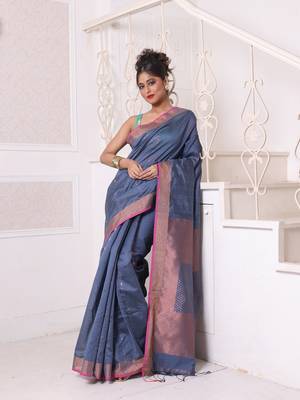 All over zari weaving grey cotton saree with zari borders 1