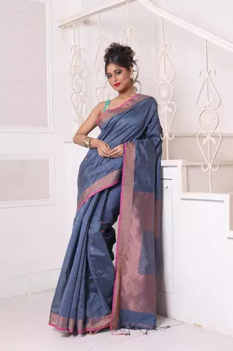 All over zari weaving grey cotton saree with zari borders