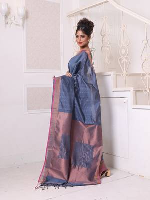 All over zari weaving grey cotton saree with zari borders 2