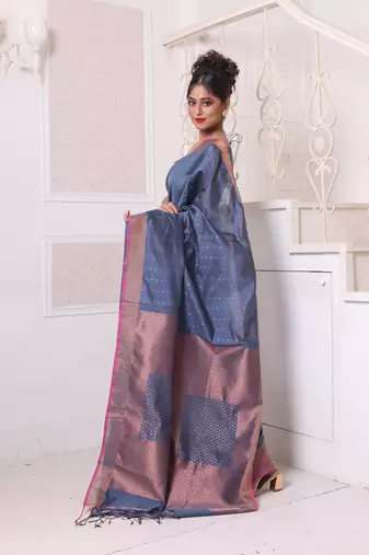 All over zari weaving grey cotton saree with zari borders