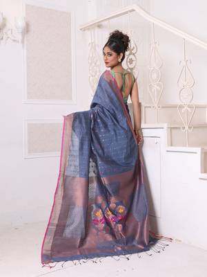 All over zari weaving grey cotton saree with zari borders 3