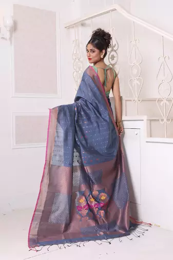 All over zari weaving grey cotton saree with zari borders
