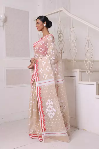 Beige cotton handwoven jamdani saree