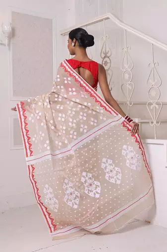 Beige cotton handwoven jamdani saree