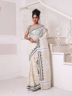 Beige cotton handwoven jamdani saree 1