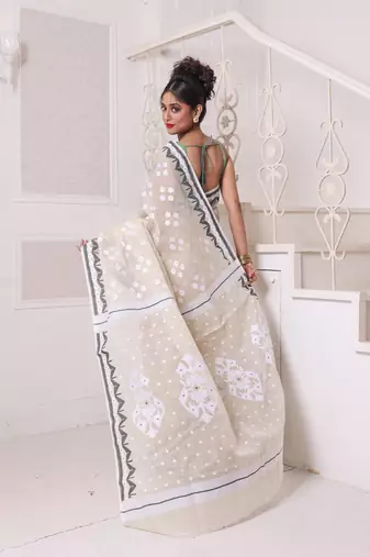 Beige cotton handwoven jamdani saree