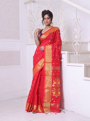 Red cotton saree with zari borders 1
