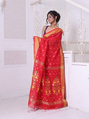 Red cotton saree with zari borders 2