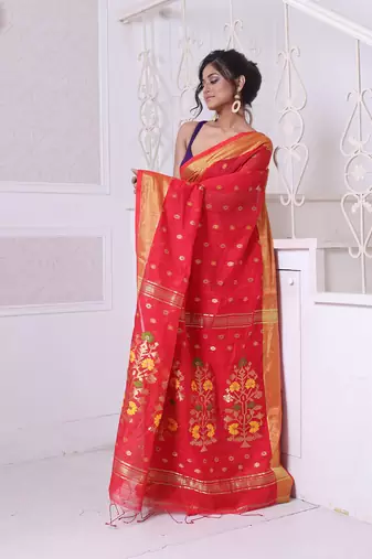 Red cotton saree with zari borders