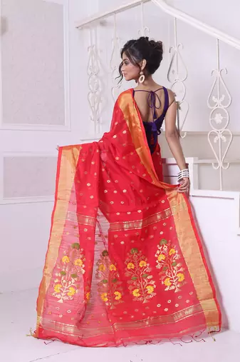 Red cotton saree with zari borders