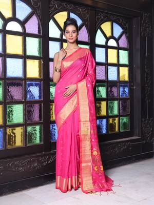 Hot pink cotton saree with zari borders 1