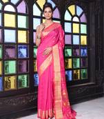 Hot pink cotton saree with zari borders