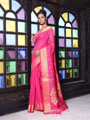 Hot pink cotton saree with zari borders 2