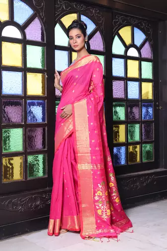 Hot pink cotton saree with zari borders