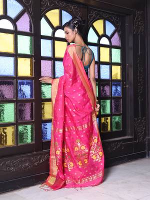 Hot pink cotton saree with zari borders 3