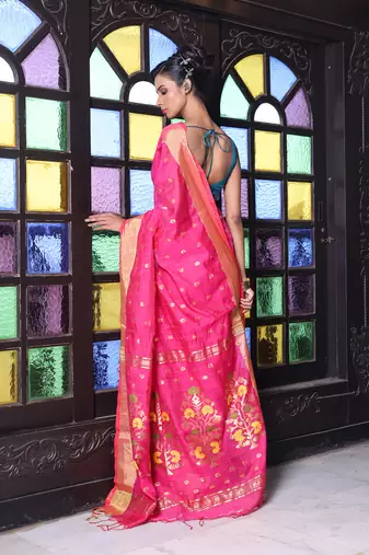 Hot pink cotton saree with zari borders