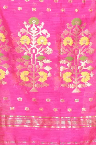 Hot pink cotton saree with zari borders