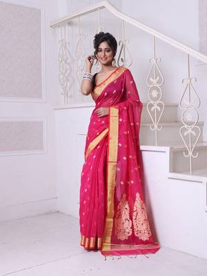 Hot pink cotton saree with zari borders 1