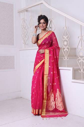 Hot pink cotton saree with zari borders
