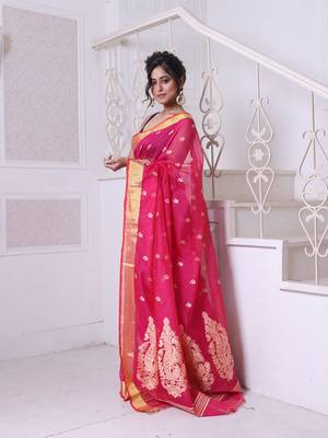 Hot pink cotton saree with zari borders 2