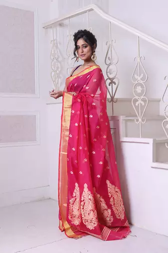Hot pink cotton saree with zari borders