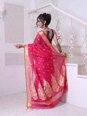 Hot pink cotton saree with zari borders 3