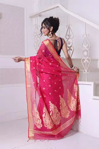 Hot pink cotton saree with zari borders