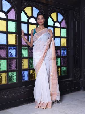 Off white cotton saree with zari borders 1