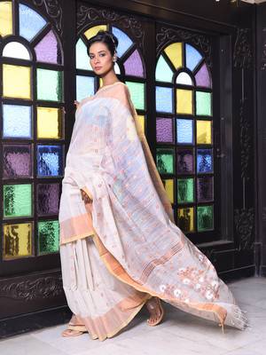 Beige cotton saree with zari borders 2