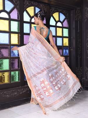 Beige cotton saree with zari borders 3