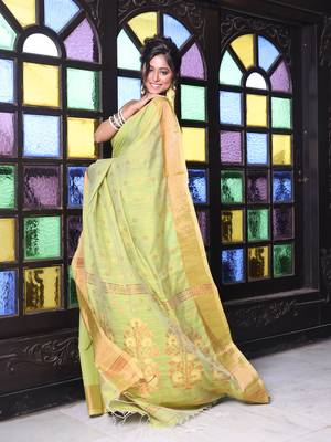 Light green cotton saree with zari borders 2