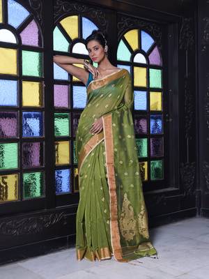 Mahendi green cotton saree with zari borders 1