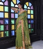 Mahendi green cotton saree with zari borders