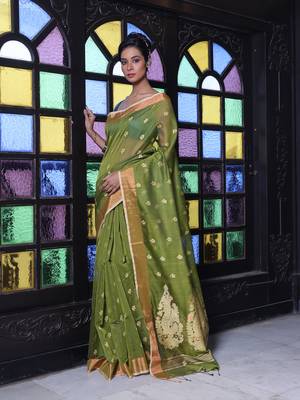 Mahendi green cotton saree with zari borders 2