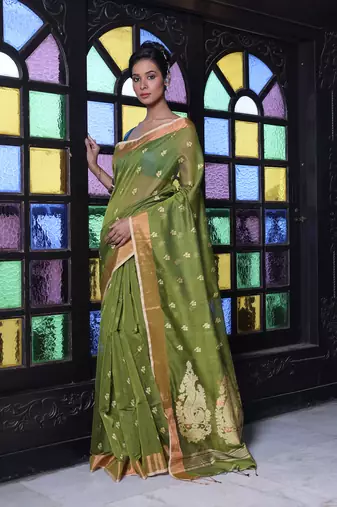 Mahendi green cotton saree with zari borders