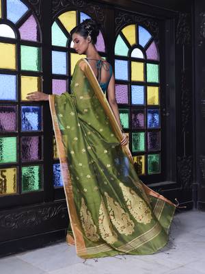 Mahendi green cotton saree with zari borders 3