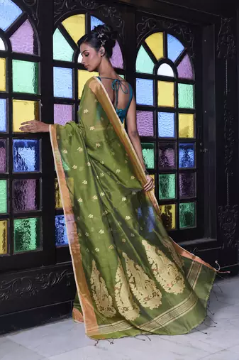 Mahendi green cotton saree with zari borders
