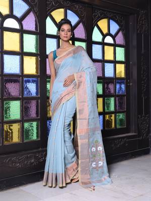 Sky blue cotton saree with zari borders 1