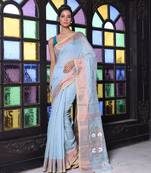 Sky blue cotton saree with zari borders