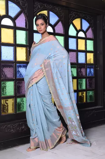 Sky blue cotton saree with zari borders