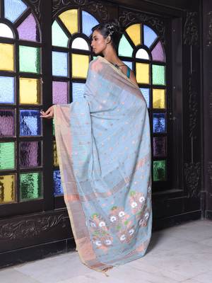 Sky blue cotton saree with zari borders 3