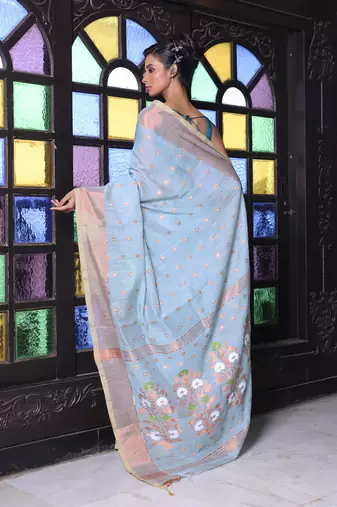 Sky blue cotton saree with zari borders