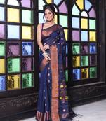 Navy blue cotton saree with zari borders