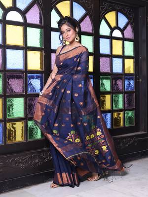 Navy blue cotton saree with zari borders 2