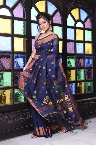 Navy blue cotton saree with zari borders