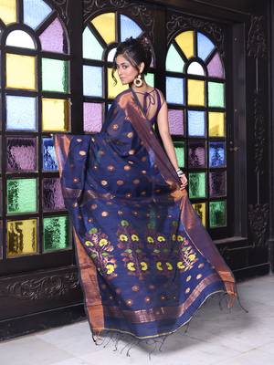 Navy blue cotton saree with zari borders 3